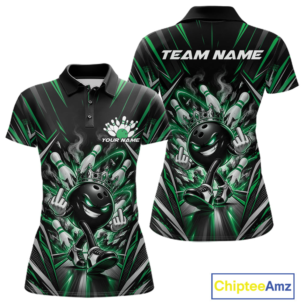 Custom Black And Green Funny Bowling Ball With Crown Bowling Team Women Polo Shirt IPHW12330
