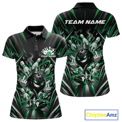 Custom Black And Green Funny Bowling Ball With Crown Bowling Team Women Polo Shirt IPHW12330