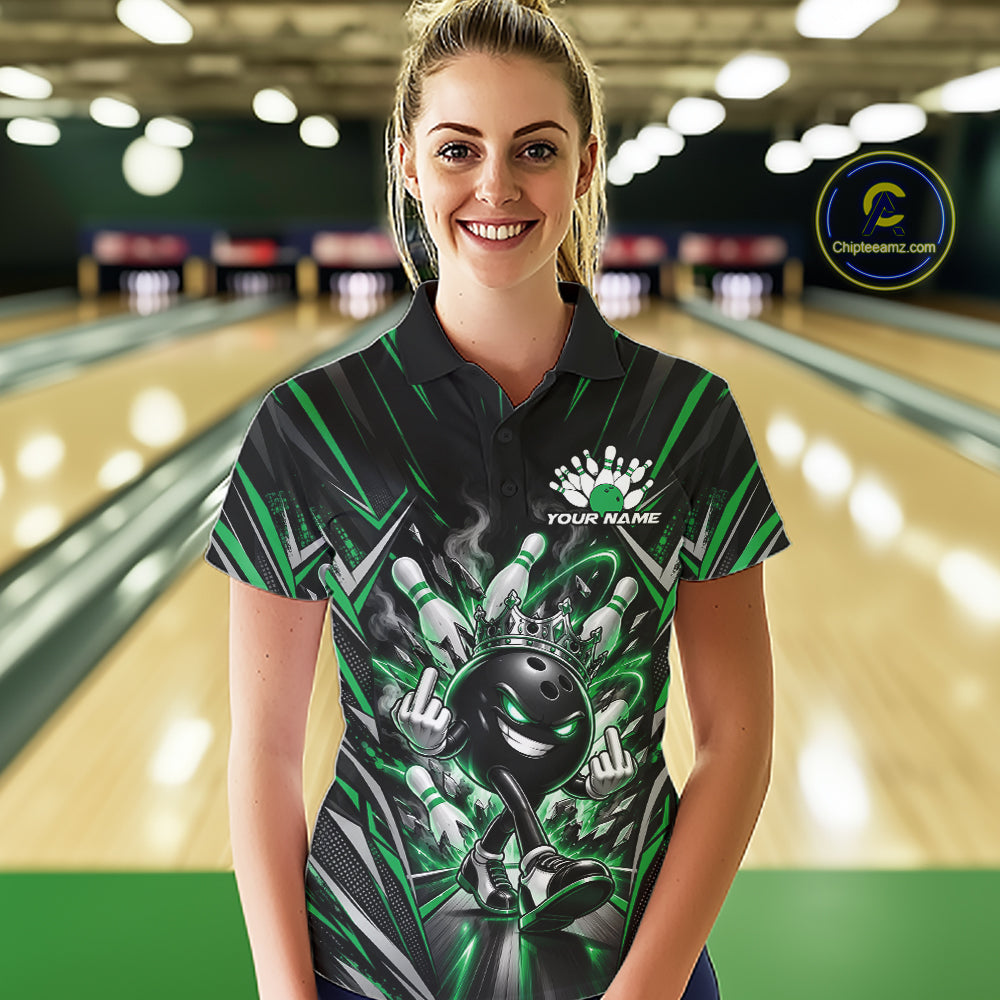 Custom Black And Green Funny Bowling Ball With Crown Bowling Team Women Polo Shirt IPHW12330