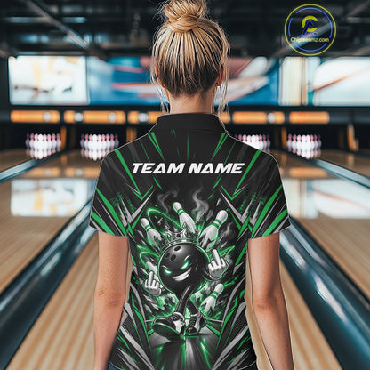 Custom Black And Green Funny Bowling Ball With Crown Bowling Team Women Polo Shirt IPHW12330
