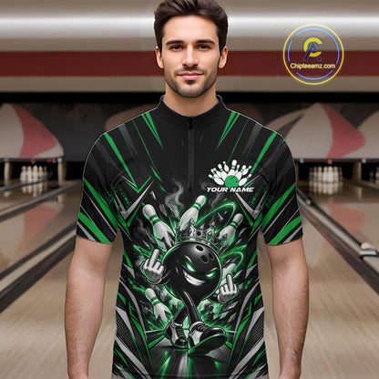 Custom Black And Green Funny Bowling Ball With Crown Bowling Team Men Quarter Zip Shirt IPHW12330
