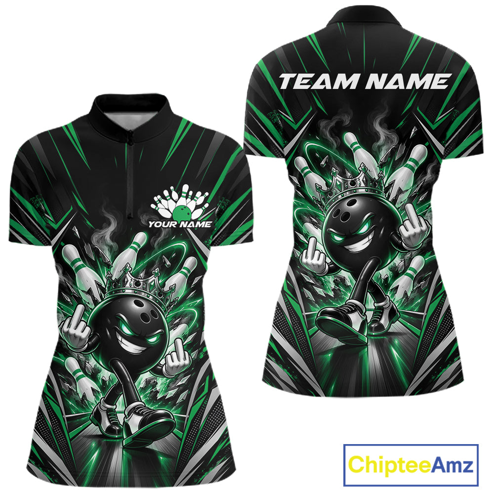 Custom Black And Green Funny Bowling Ball With Crown Bowling Women Quarter-Zip Shirt IPHW12330