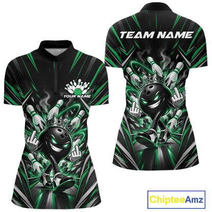 Custom Black And Green Funny Bowling Ball With Crown Bowling Women Quarter-Zip Shirt IPHW12330