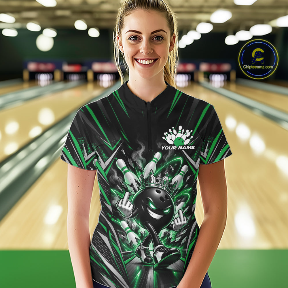 Custom Black And Green Funny Bowling Ball With Crown Bowling Women Quarter-Zip Shirt IPHW12330