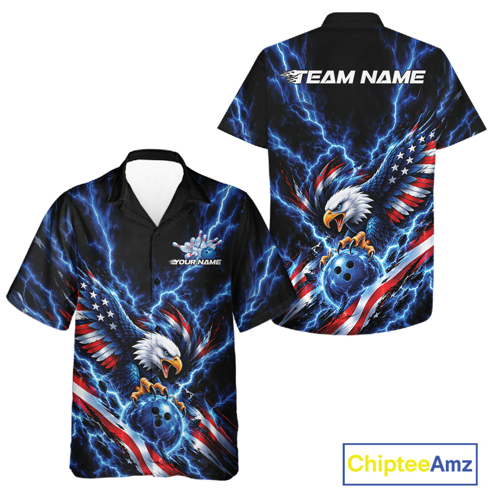 Custom Blue Lightning Patriotic Eagle Bowling Team Men And Women Button Up Shirt, Bowling League Shirt IPHW12333