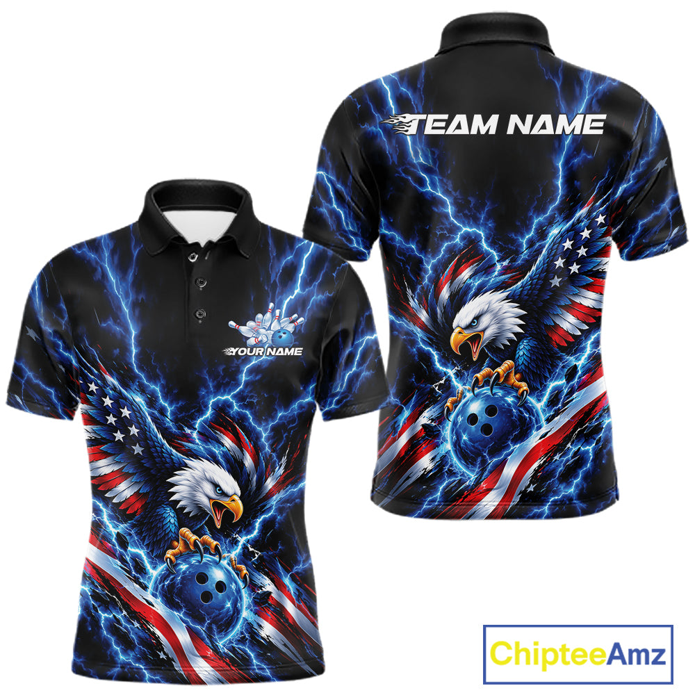 Custom Blue Lightning Patriotic Eagle Bowling Team Men Polo Shirt, Bowling League Shirt IPHW12333
