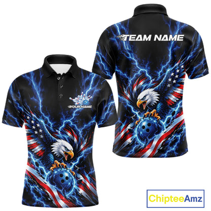 Custom Blue Lightning Patriotic Eagle Bowling Team Men Polo Shirt, Bowling League Shirt IPHW12333