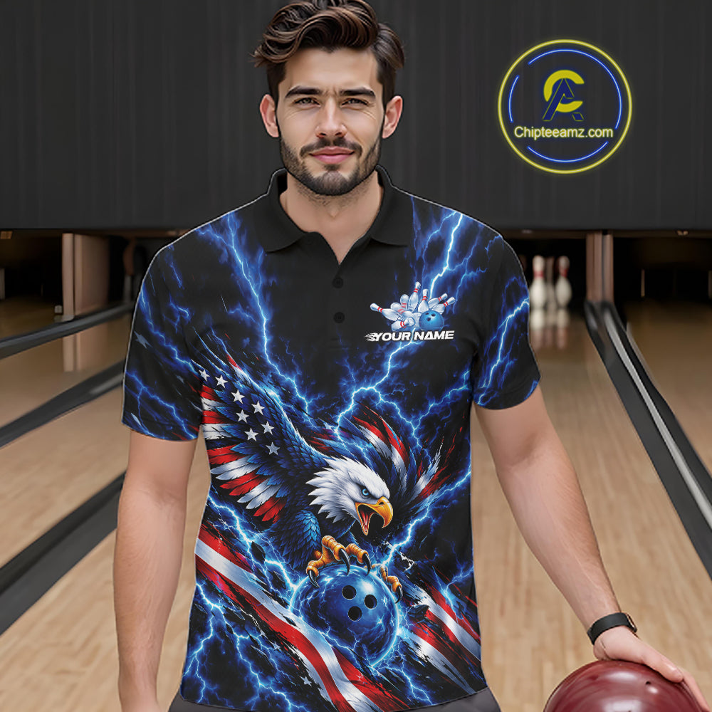 Custom Blue Lightning Patriotic Eagle Bowling Team Men Polo Shirt, Bowling League Shirt IPHW12333