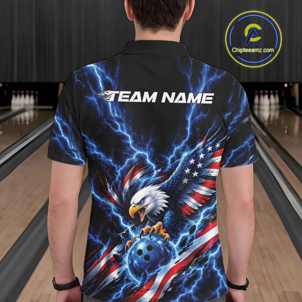 Custom Blue Lightning Patriotic Eagle Bowling Team Men Polo Shirt, Bowling League Shirt IPHW12333
