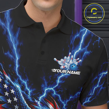Custom Blue Lightning Patriotic Eagle Bowling Team Men Polo Shirt, Bowling League Shirt IPHW12333