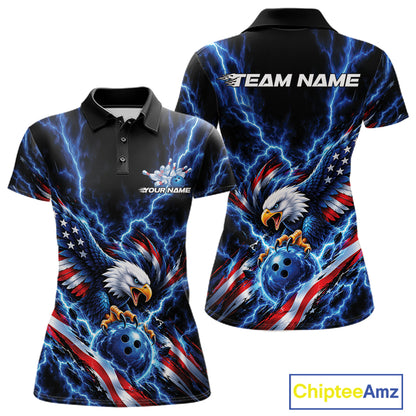 Custom Blue Lightning Patriotic Eagle Bowling Team Women Polo Shirt, Bowling League Shirt IPHW12333