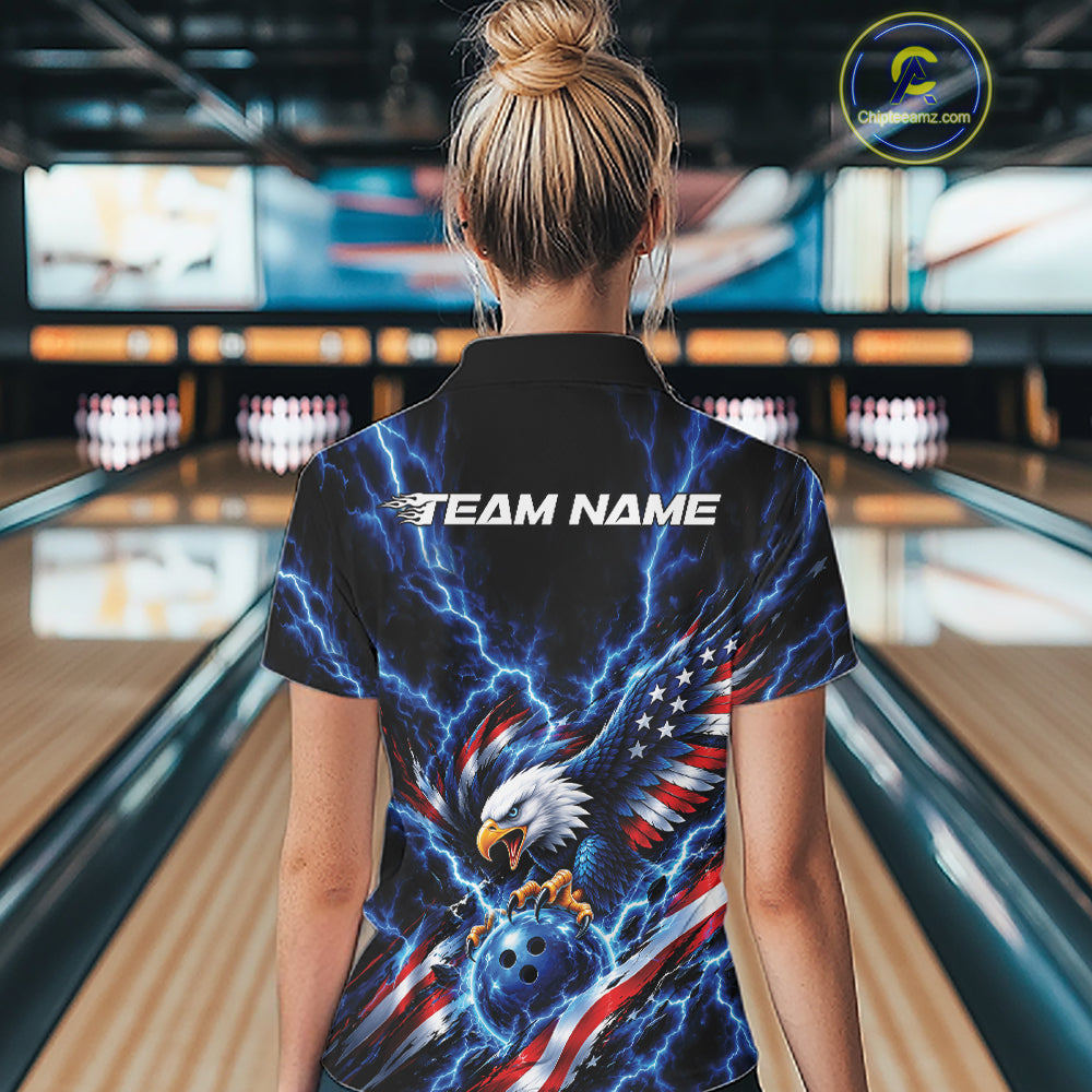Custom Blue Lightning Patriotic Eagle Bowling Team Women Polo Shirt, Bowling League Shirt IPHW12333