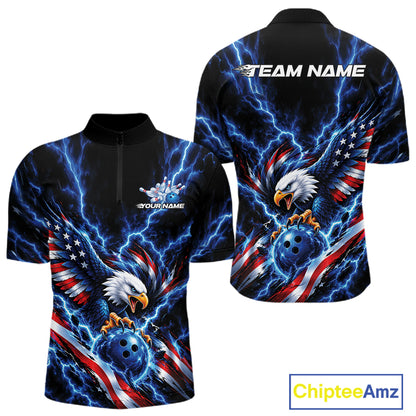 Custom Blue Lightning Patriotic Eagle Bowling Team Men Quarter Zip Shirt, Bowling League Shirt IPHW12333
