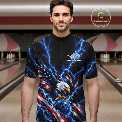 Custom Blue Lightning Patriotic Eagle Bowling Team Men Quarter Zip Shirt, Bowling League Shirt IPHW12333