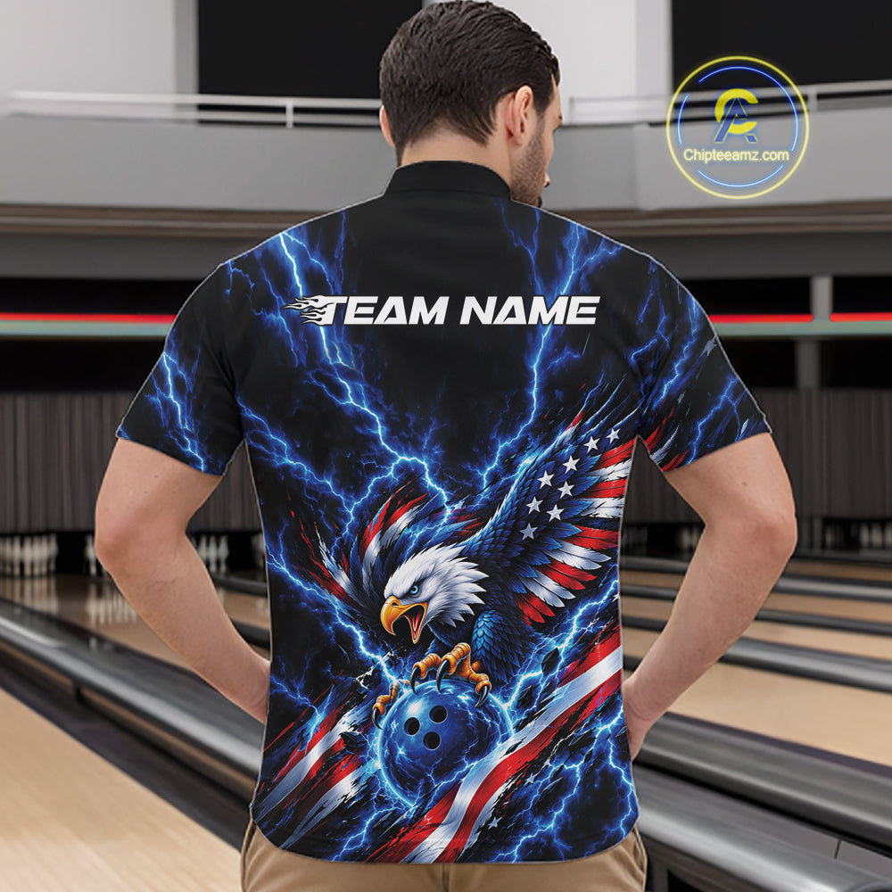 Custom Blue Lightning Patriotic Eagle Bowling Team Men Quarter Zip Shirt, Bowling League Shirt IPHW12333