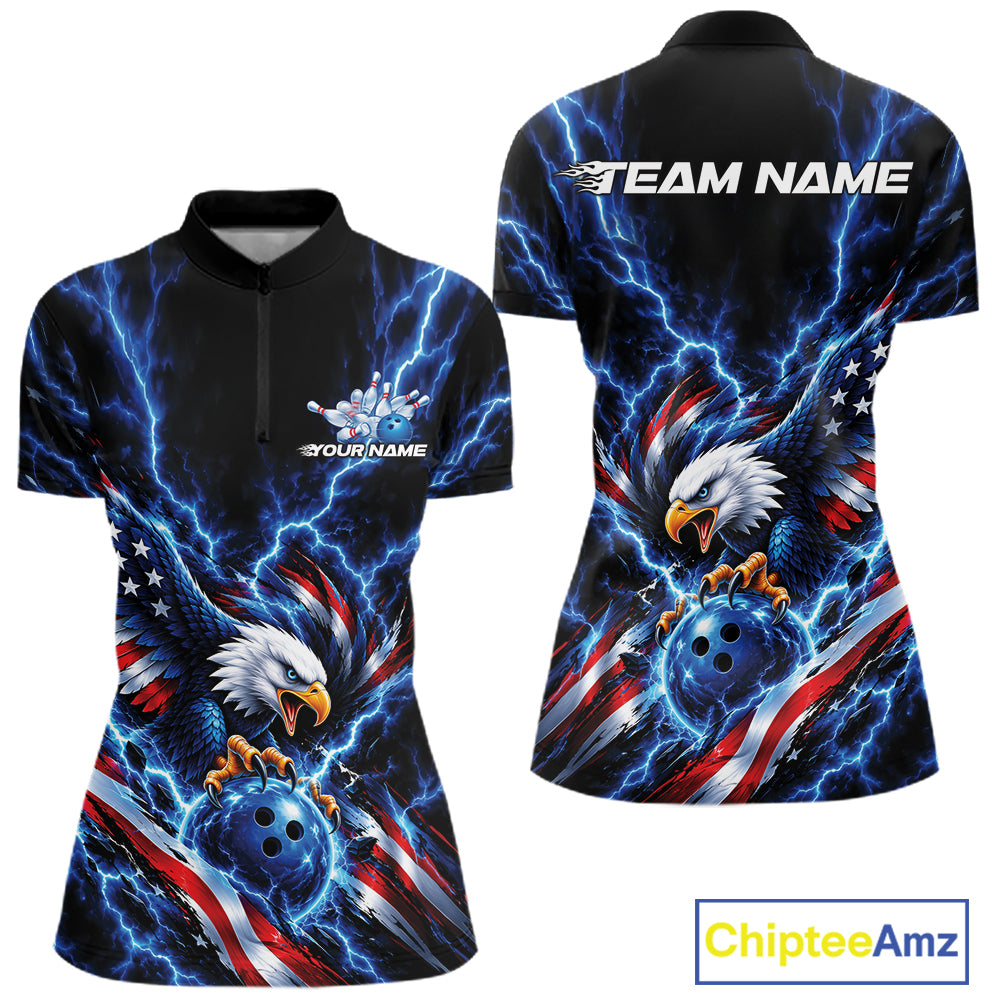 Custom Blue Lightning Patriotic Eagle Bowling League Women Quarter-Zip Team Shirt IPHW12333
