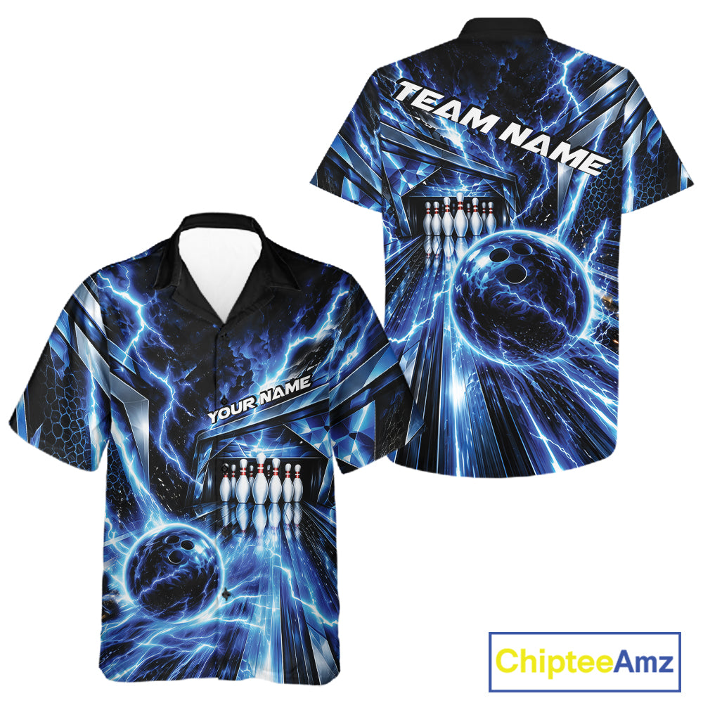 Custom Blue Lightning Bowling Button Up Shirt For Men And Women, Bowling League Shirt Bowler Outfit IPHW12339