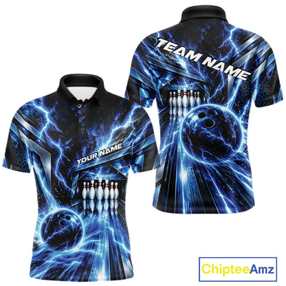 Custom Blue Lightning Bowling Polo Shirt For Men, Bowling League Shirt Bowler Outfit IPHW12339