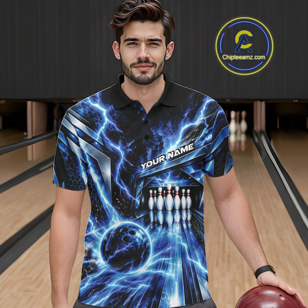 Custom Blue Lightning Bowling Polo Shirt For Men, Bowling League Shirt Bowler Outfit IPHW12339