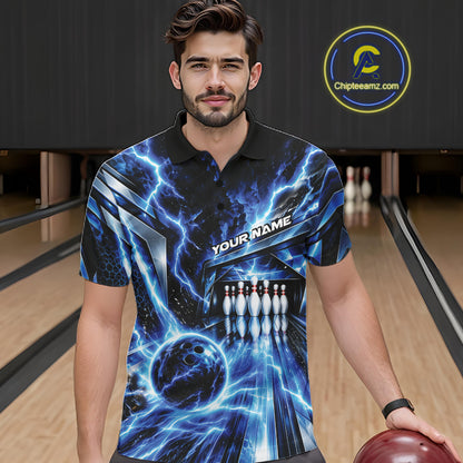 Custom Blue Lightning Bowling Polo Shirt For Men, Bowling League Shirt Bowler Outfit IPHW12339