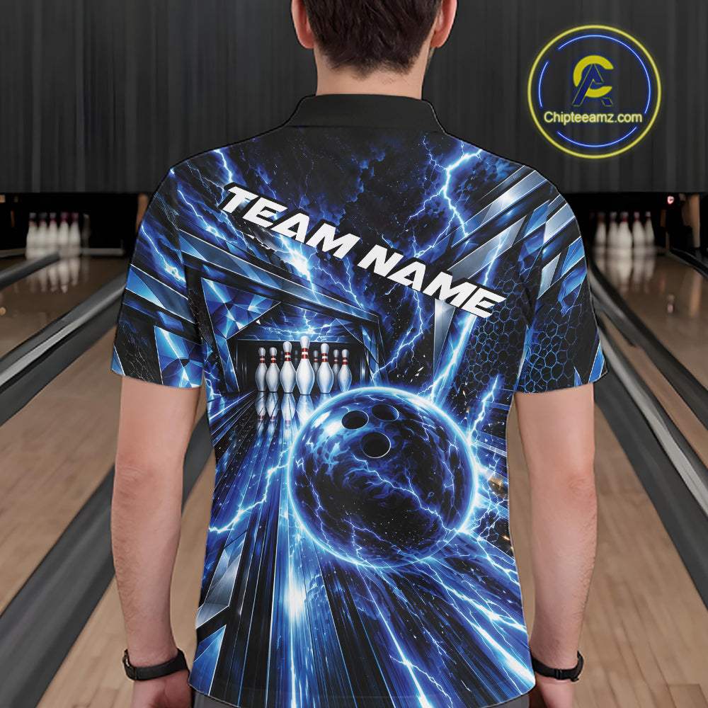 Custom Blue Lightning Bowling Polo Shirt For Men, Bowling League Shirt Bowler Outfit IPHW12339