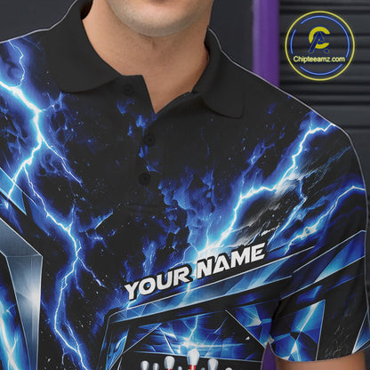 Custom Blue Lightning Bowling Polo Shirt For Men, Bowling League Shirt Bowler Outfit IPHW12339
