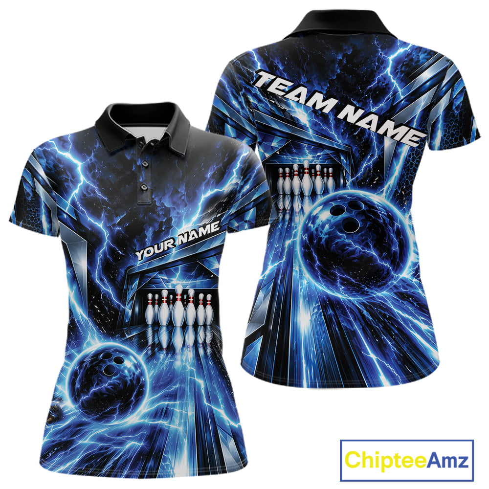 Custom Blue Lightning Bowling Polo Shirt For Women, Bowling League Shirt Bowler Outfit IPHW12339