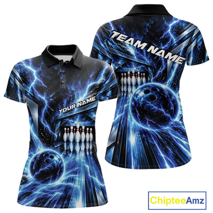 Custom Blue Lightning Bowling Polo Shirt For Women, Bowling League Shirt Bowler Outfit IPHW12339