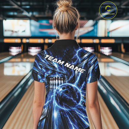 Custom Blue Lightning Bowling Polo Shirt For Women, Bowling League Shirt Bowler Outfit IPHW12339