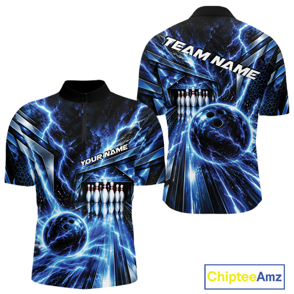Custom Blue Lightning Bowling Quarter Zip Shirt For Men, Bowling League Shirt Bowler Outfit IPHW12339