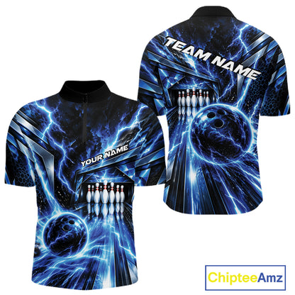 Custom Blue Lightning Bowling Quarter Zip Shirt For Men, Bowling League Shirt Bowler Outfit IPHW12339