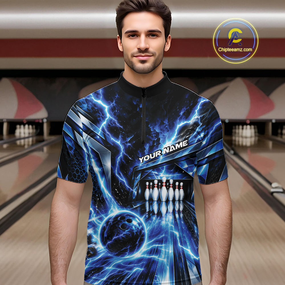 Custom Blue Lightning Bowling Quarter Zip Shirt For Men, Bowling League Shirt Bowler Outfit IPHW12339