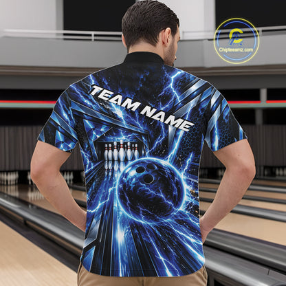Custom Blue Lightning Bowling Quarter Zip Shirt For Men, Bowling League Shirt Bowler Outfit IPHW12339
