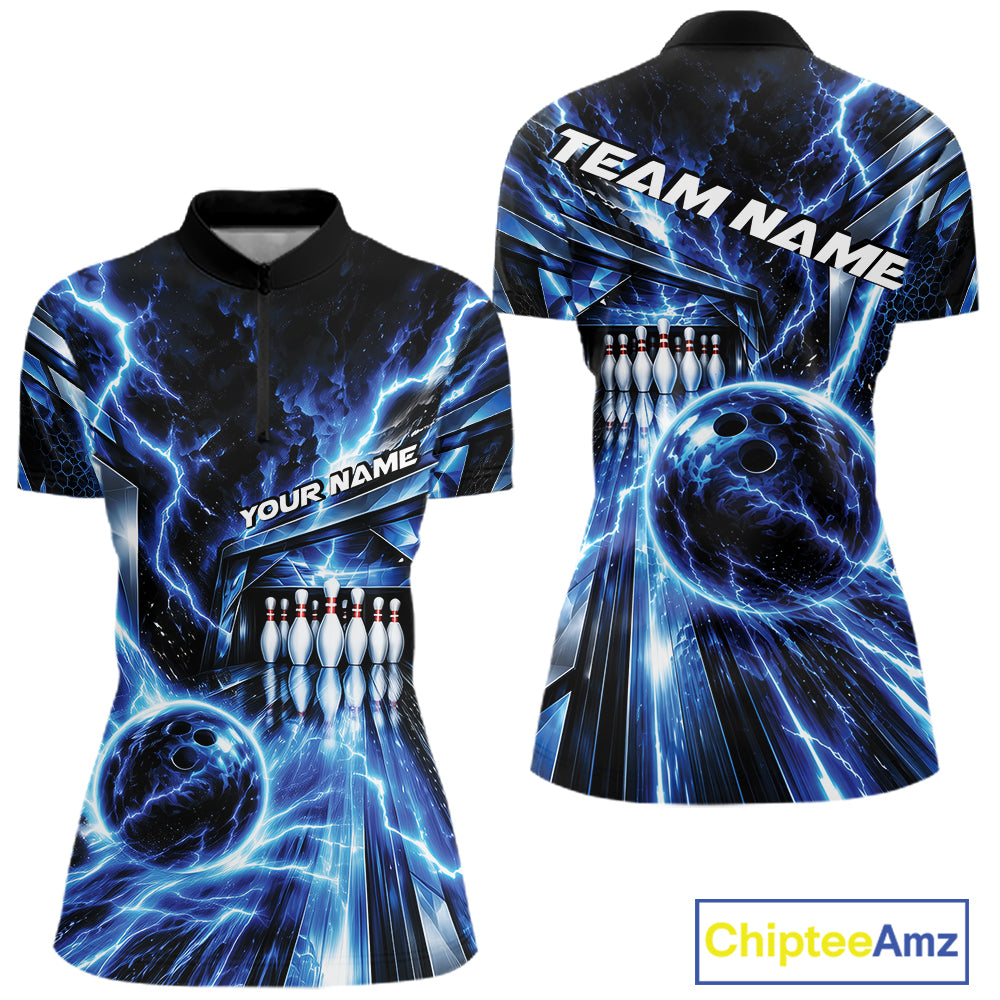 Custom Blue Lightning Bowling Quarter-Zip Shirt For Women, Bowling League Shirt IPHW12339