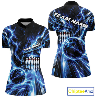 Custom Blue Lightning Bowling Quarter-Zip Shirt For Women, Bowling League Shirt IPHW12339