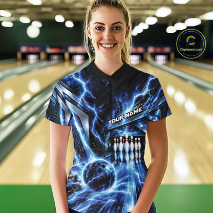 Custom Blue Lightning Bowling Quarter-Zip Shirt For Women, Bowling League Shirt IPHW12339