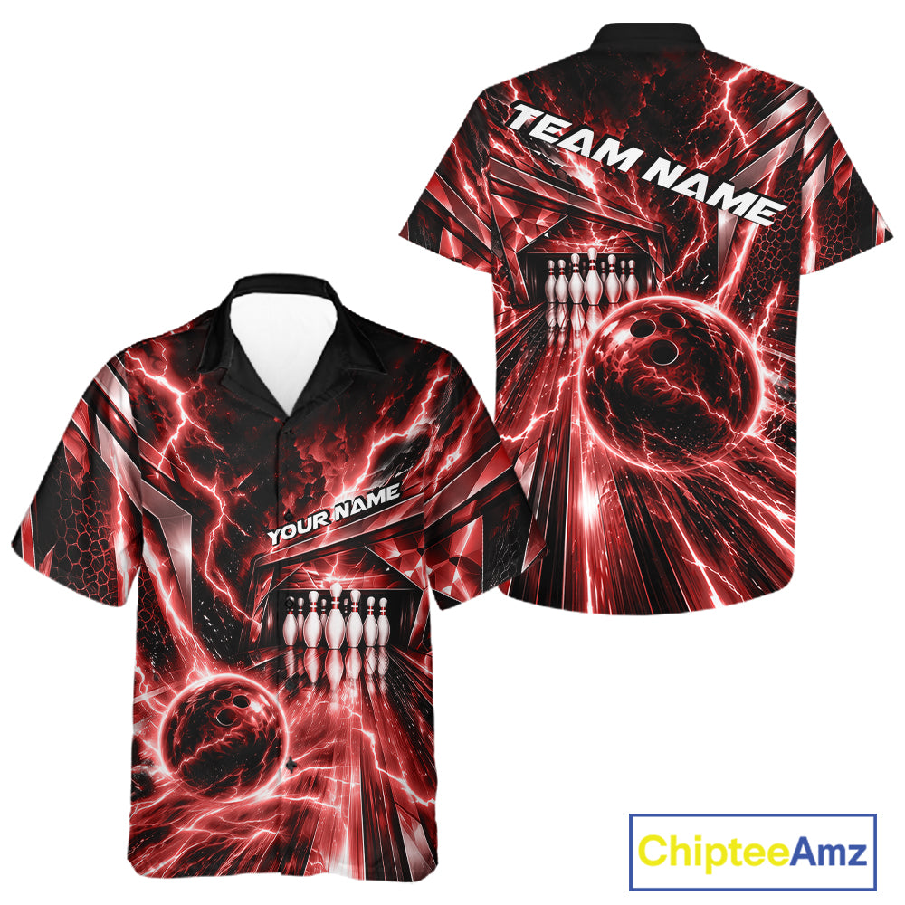 Custom Red Lightning Bowling Button Up Shirt For Men And Women, Bowling League Shirt Bowler Outfit IPHW12340