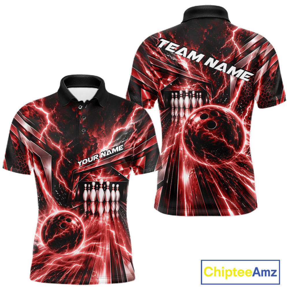 Custom Red Lightning Bowling Polo Shirt For Men, Bowling League Shirt Bowler Outfit IPHW12340