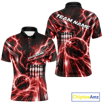 Custom Red Lightning Bowling Polo Shirt For Men, Bowling League Shirt Bowler Outfit IPHW12340