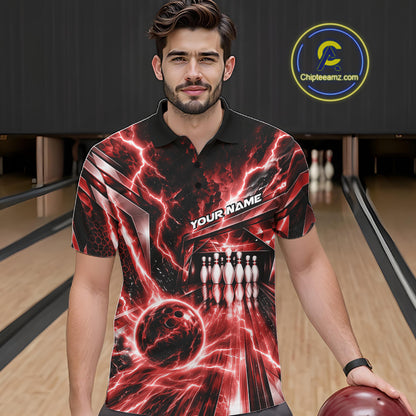 Custom Red Lightning Bowling Polo Shirt For Men, Bowling League Shirt Bowler Outfit IPHW12340