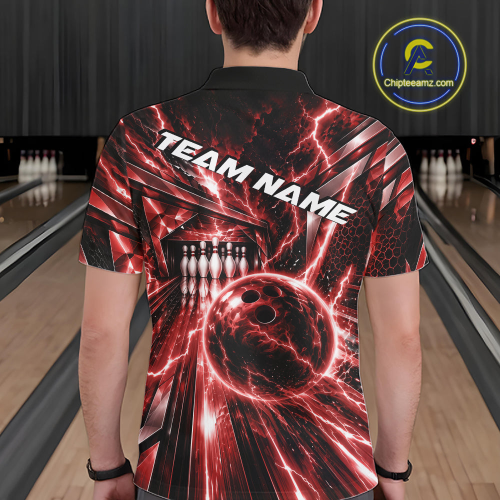 Custom Red Lightning Bowling Polo Shirt For Men, Bowling League Shirt Bowler Outfit IPHW12340