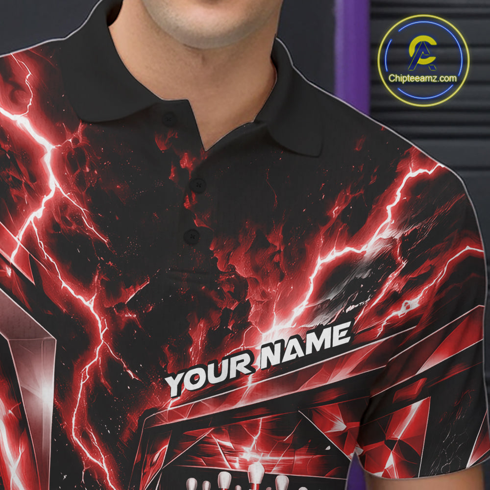 Custom Red Lightning Bowling Polo Shirt For Men, Bowling League Shirt Bowler Outfit IPHW12340