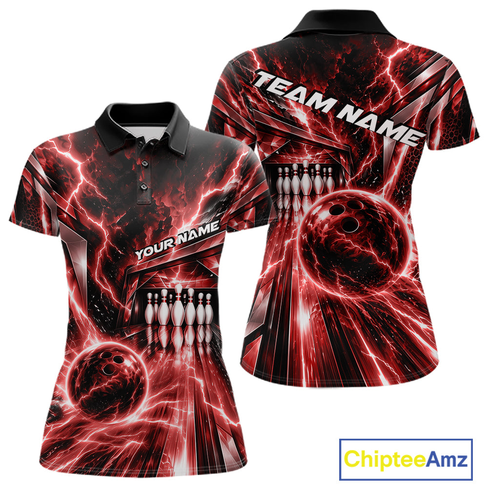 Custom Red Lightning Bowling Polo Shirt For Women, Bowling League Shirt Bowler Outfit IPHW12340