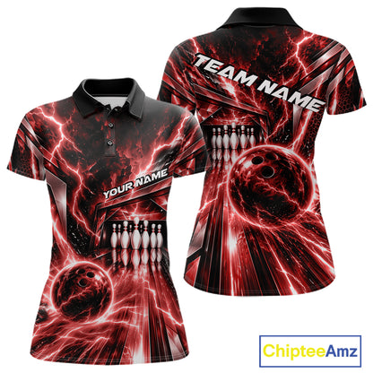 Custom Red Lightning Bowling Polo Shirt For Women, Bowling League Shirt Bowler Outfit IPHW12340