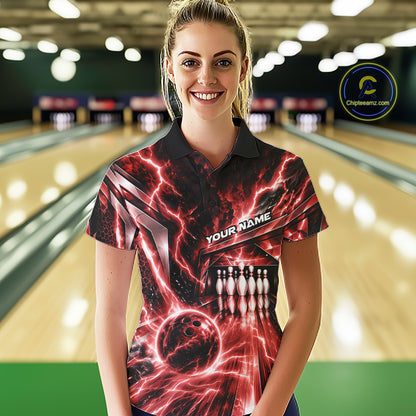 Custom Red Lightning Bowling Polo Shirt For Women, Bowling League Shirt Bowler Outfit IPHW12340