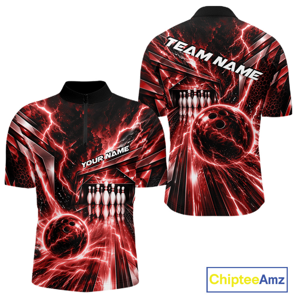 Custom Red Lightning Bowling Quarter Zip Shirt For Men, Bowling League Shirt Bowler Outfit IPHW12340