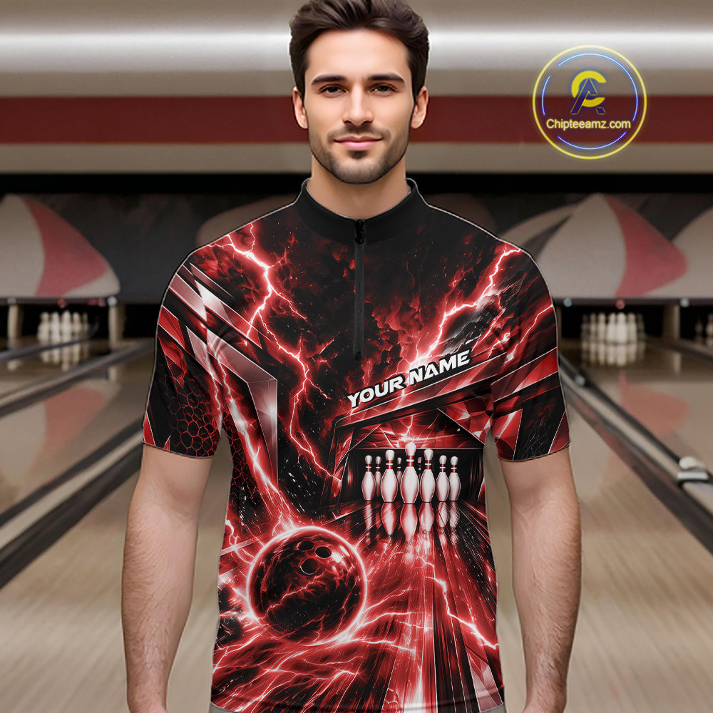 Custom Red Lightning Bowling Quarter Zip Shirt For Men, Bowling League Shirt Bowler Outfit IPHW12340