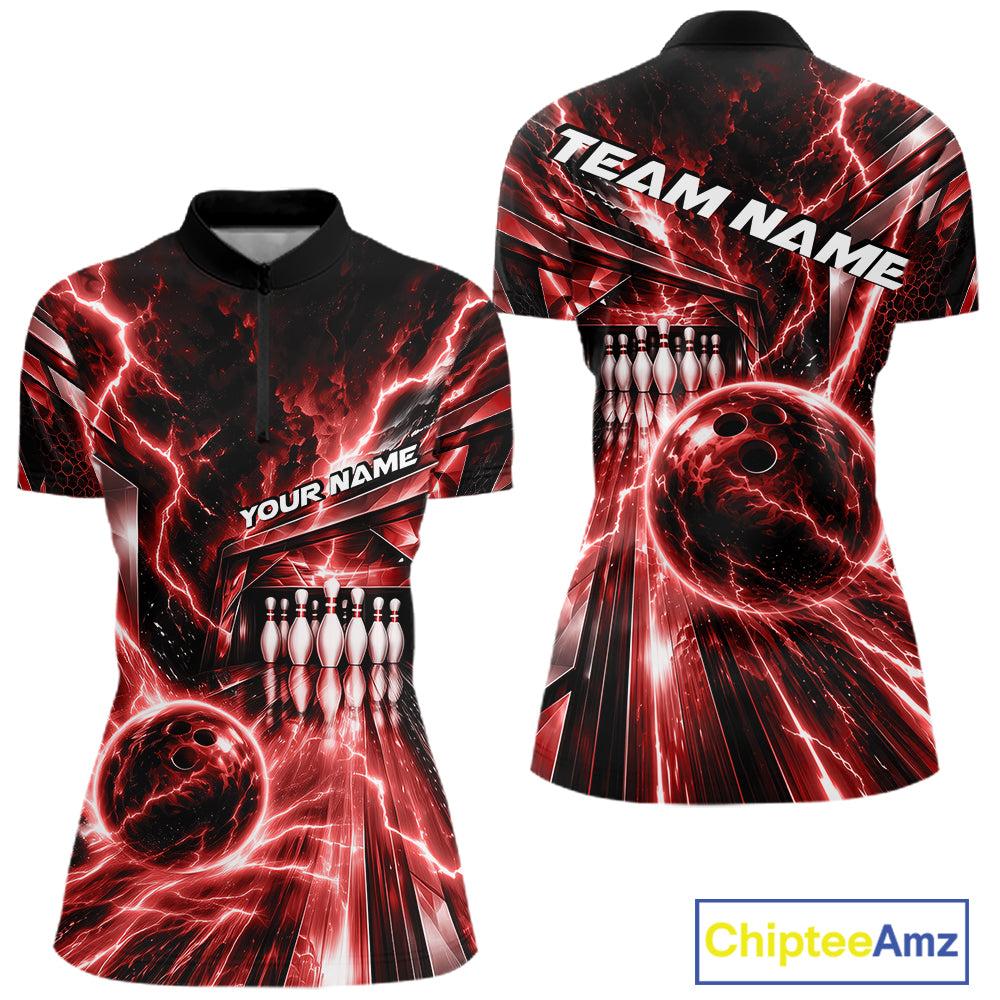 Custom Red Lightning Bowling Quarter-Zip Shirt For Women, Bowling League Shirt IPHW12340