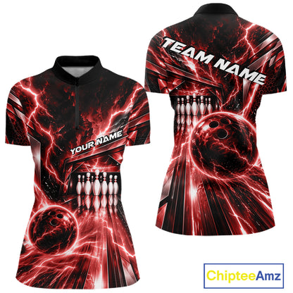 Custom Red Lightning Bowling Quarter-Zip Shirt For Women, Bowling League Shirt IPHW12340