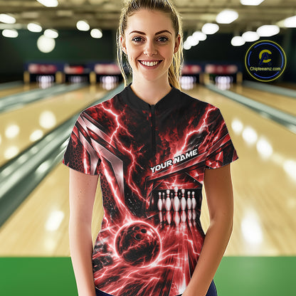Custom Red Lightning Bowling Quarter-Zip Shirt For Women, Bowling League Shirt IPHW12340